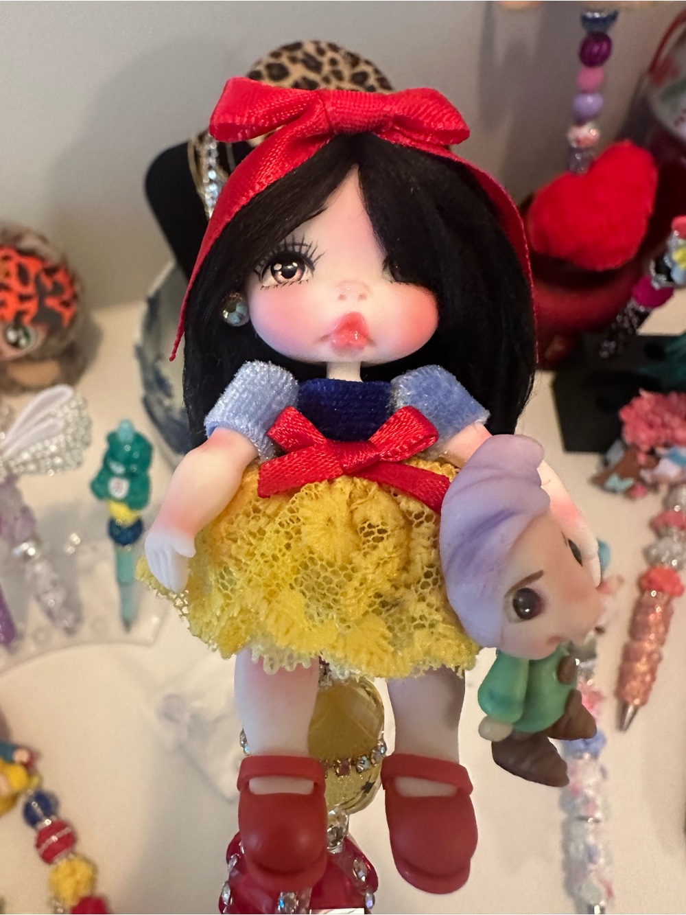 Snow White clay Doll with Yellow Lace Dress, Red Accents